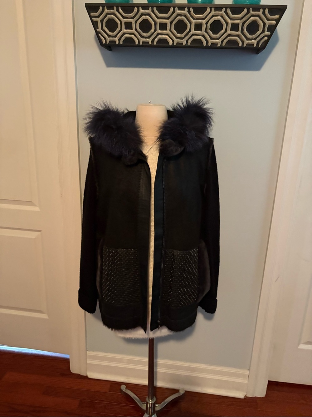 Elie Tahari Black Jacket with Faux Fur Hood Trim